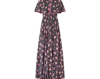 1970s Black Pink Floral Maxi-Dress with Caped Top and Pink Trim