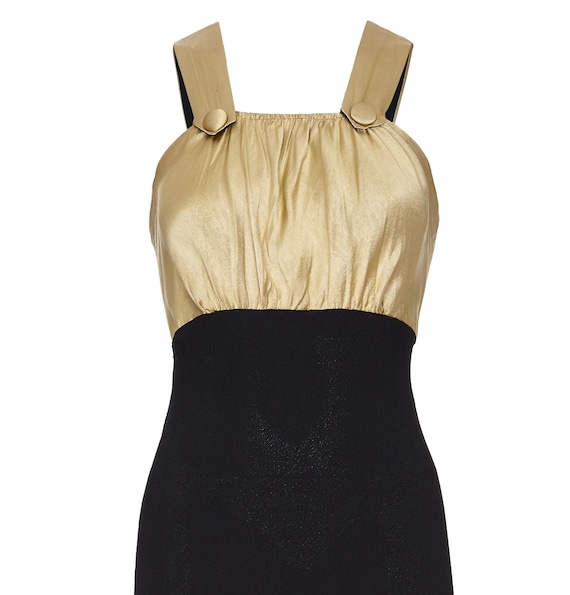 1930s Black Silk Dress with Embossed Gold Bodice - image 3