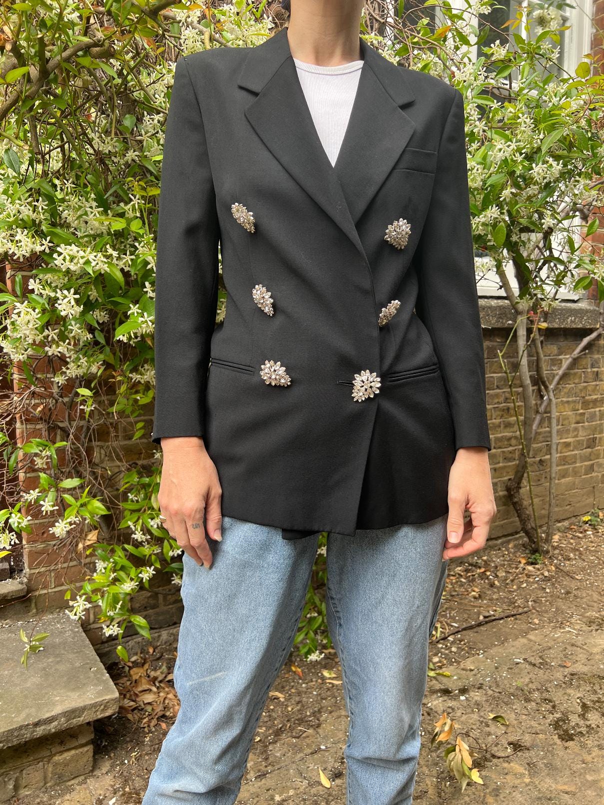 1990s Gianni Versace for Genny Black Jacket With Oversized Crystal