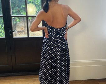 1990s Laura Ashley Navy Polka Dot Strapless Dress