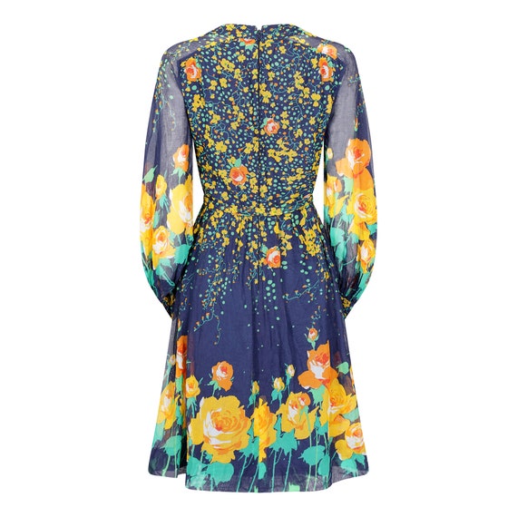 1970s French Couture Navy Rose Print Dress - image 3