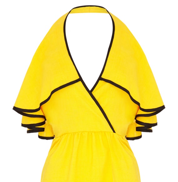 1960s Mollie Parnis Yellow & Black Halterneck Ruf… - image 3