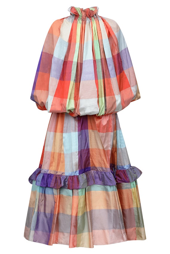 1970s Unknown Couture Colourful Silk Checked Skir… - image 2
