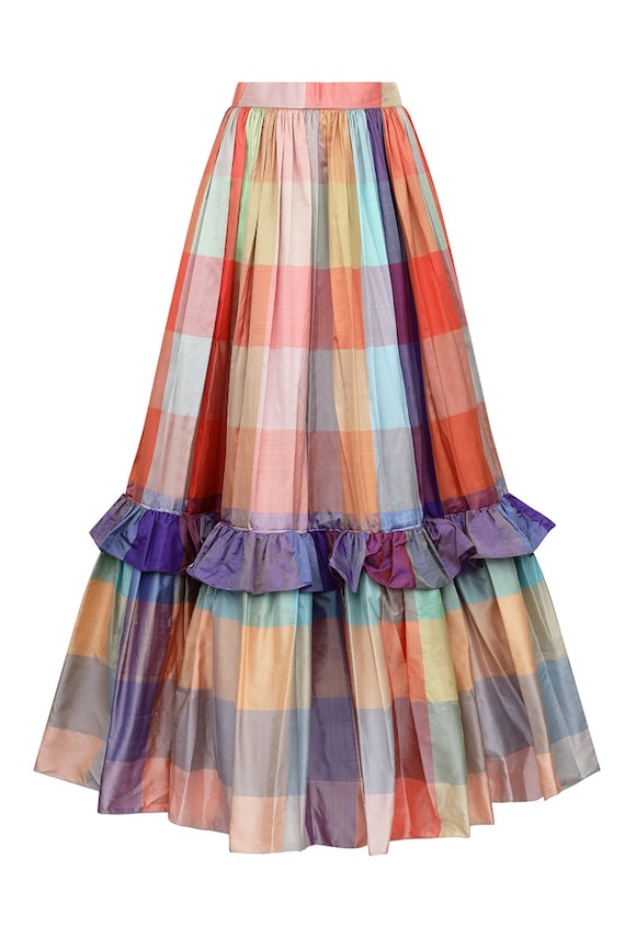 1970s Unknown Couture Colourful Silk Checked Skir… - image 3