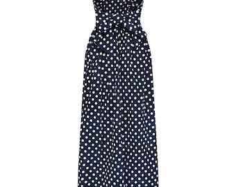 1990s Laura Ashley Navy Polka Dot Strapless Dress UK
