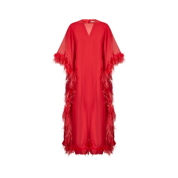 1970s Guy Laroche Couture Coral Red Feather Dress - image 1