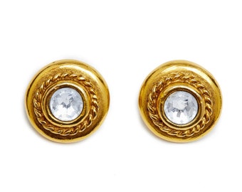 Chanel 1970s Goldtone Earrings With Large Rhinestone
