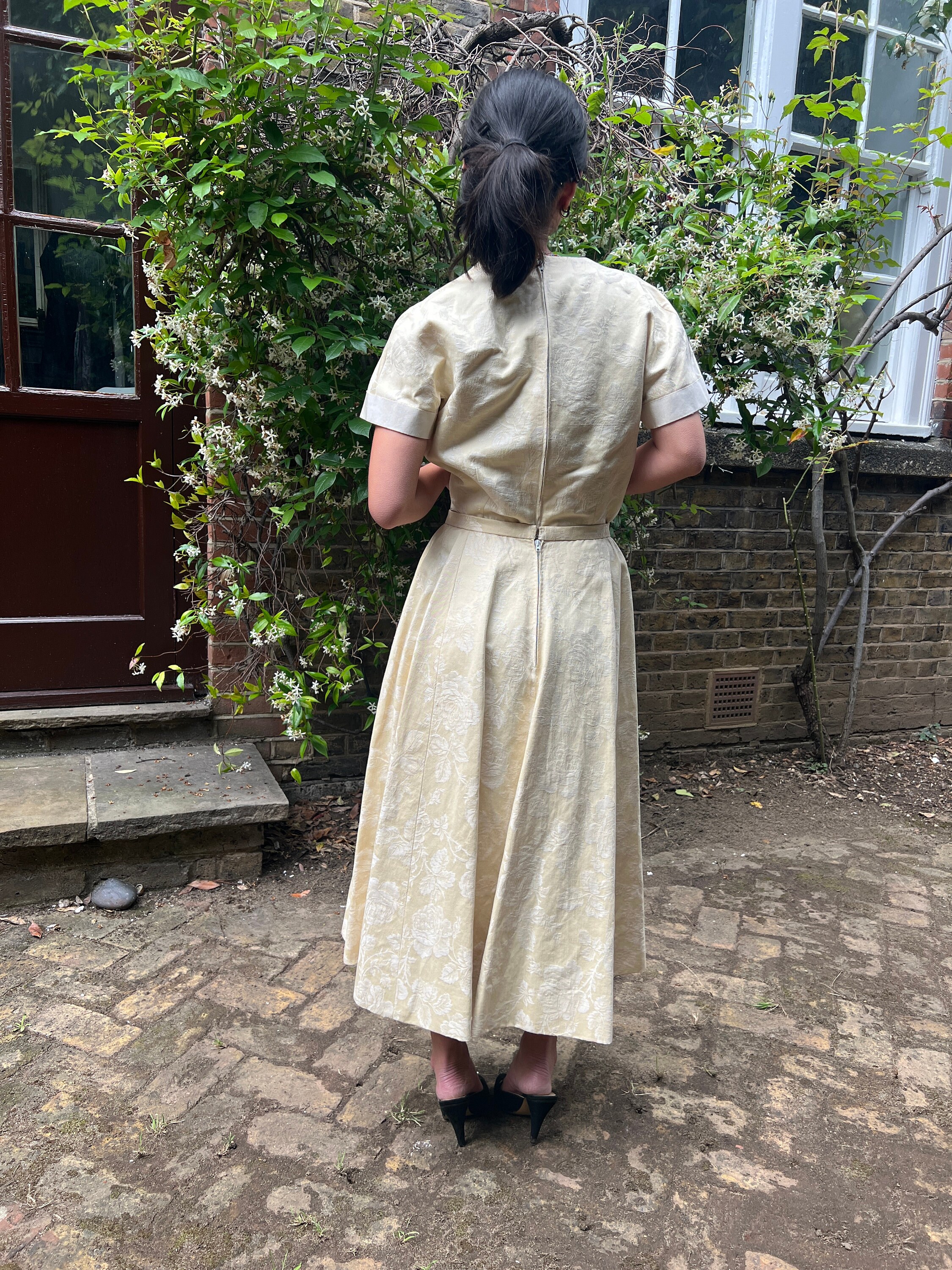1950s Pierre Balmain Haute Couture Cream Jacquard Wedding Ensemble