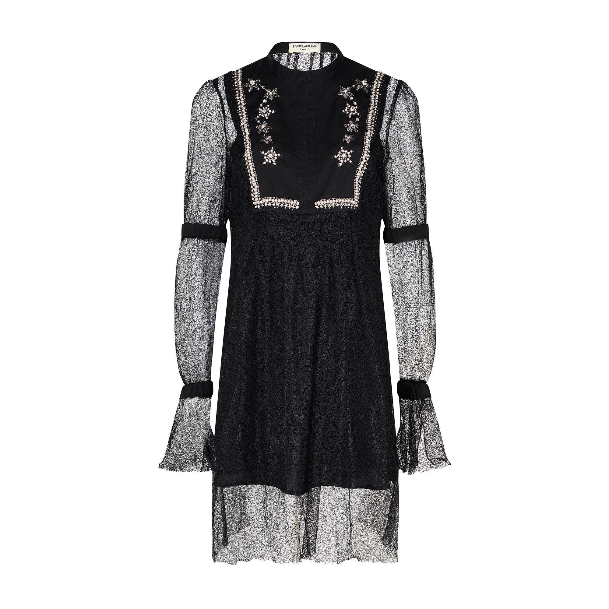 ysl black lace dress Saint Laurent Lace Midi Dress in Noir