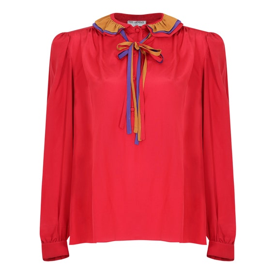 Vintage 1970s Ted Lapidus Silk Red Blouse with Ruf