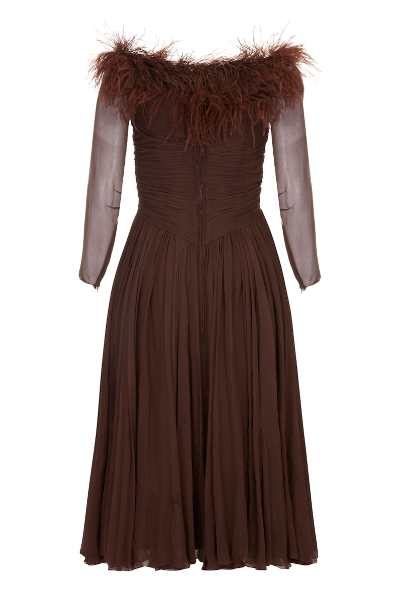 1950s Cardinal Brown Silk Chiffon and Feather Trim Dress UK size 6 image 2