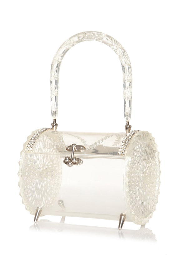 1950s Clear Carved Lucite & Rhinestone Barrel Bag