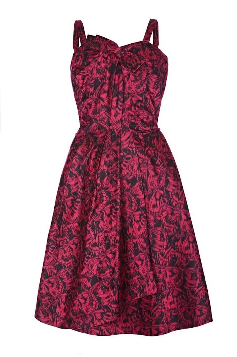 Image of French Couture S Red Silk Butterfly Print Evening Dress With Bow Uk Size -