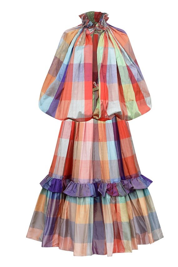 1970s Unknown Couture Colourful Silk Checked Skir… - image 1