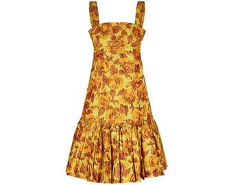 1950s Traina-Norrell Yellow Taffeta Silk Rose Print Dress