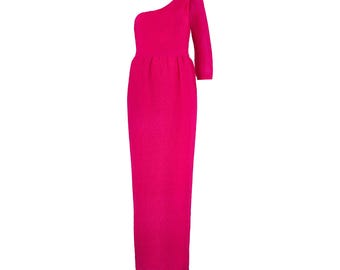 hot pink one shoulder long sleeve dress Jovani 23831 Hot Pink One Shoulder Fitted Dress