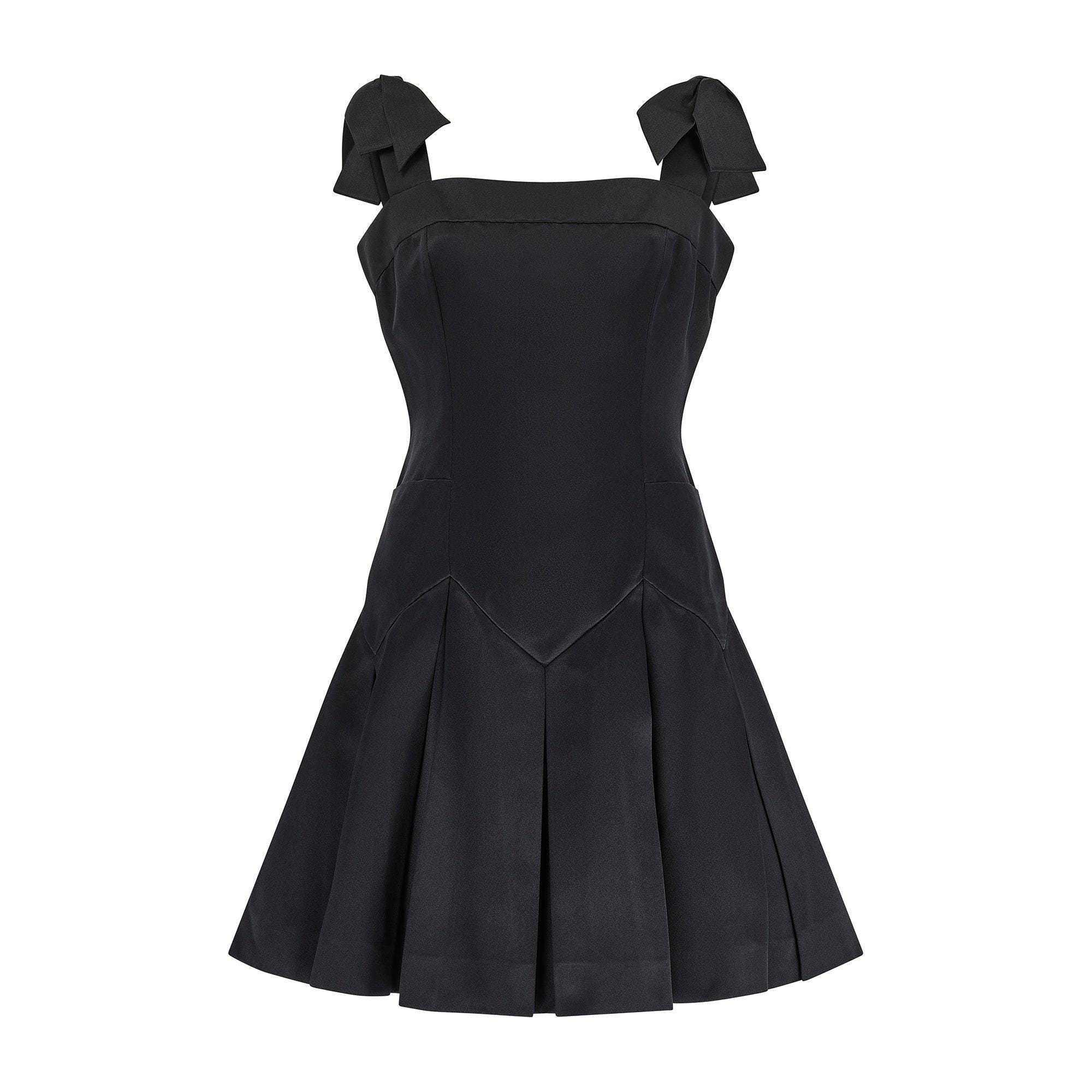 1990 Documented Chanel Black Satin Bow Shoulder Pleated Mini Dress - Etsy