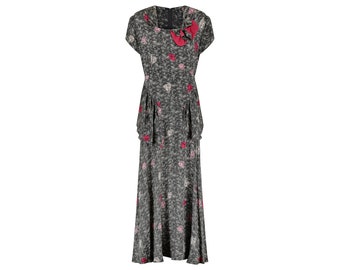 1940s Novelty Rose Print Silk Peplum Maxi Dress