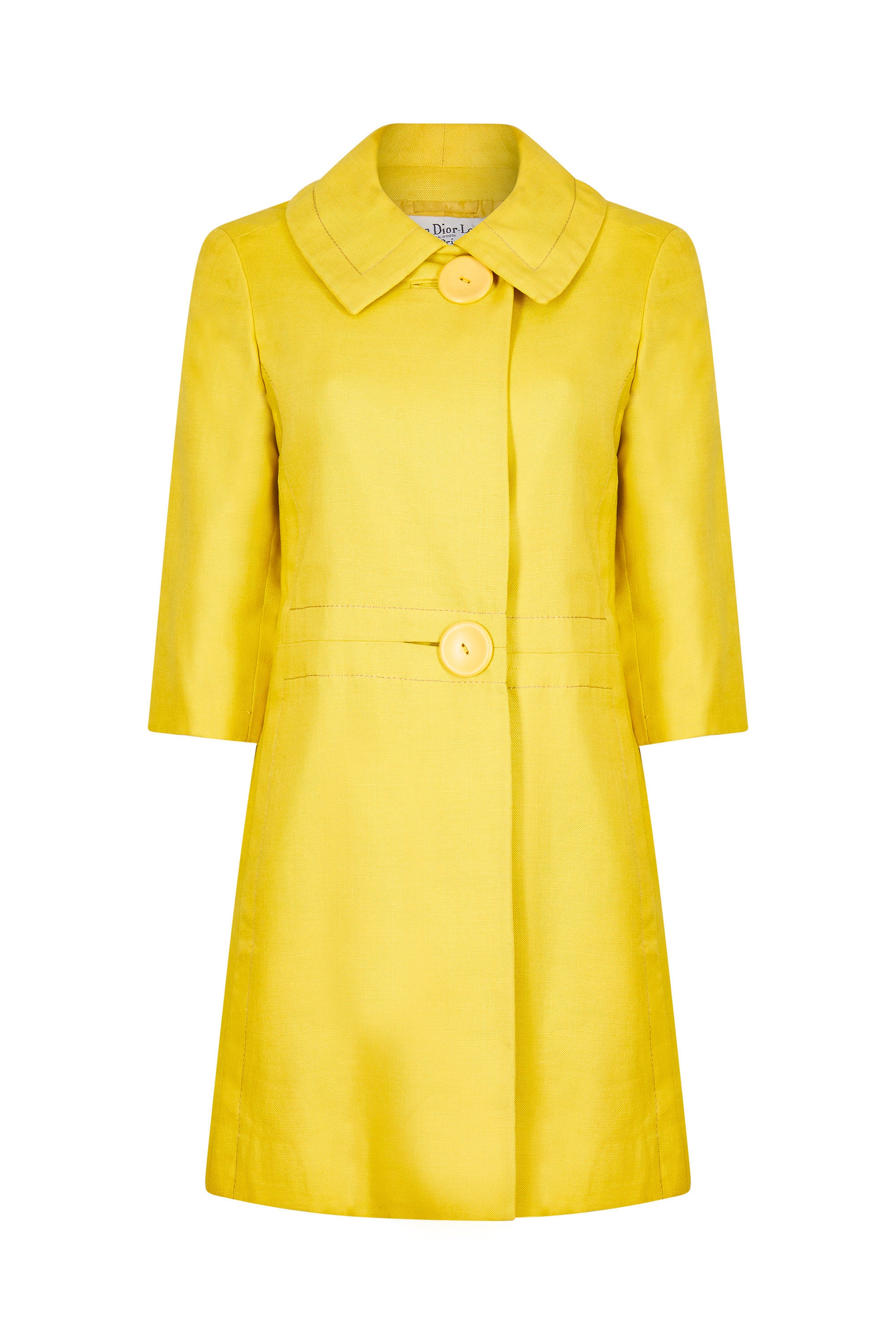 Image of S Christian Dior Yellow Mod Style Swing Coat With Oversized Button Detail Uk Size