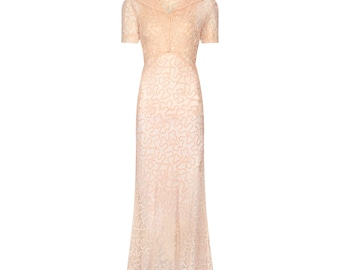 1930s Pale Pink Sheer Ribbonwork Dress and Short-Sleeve Jacket