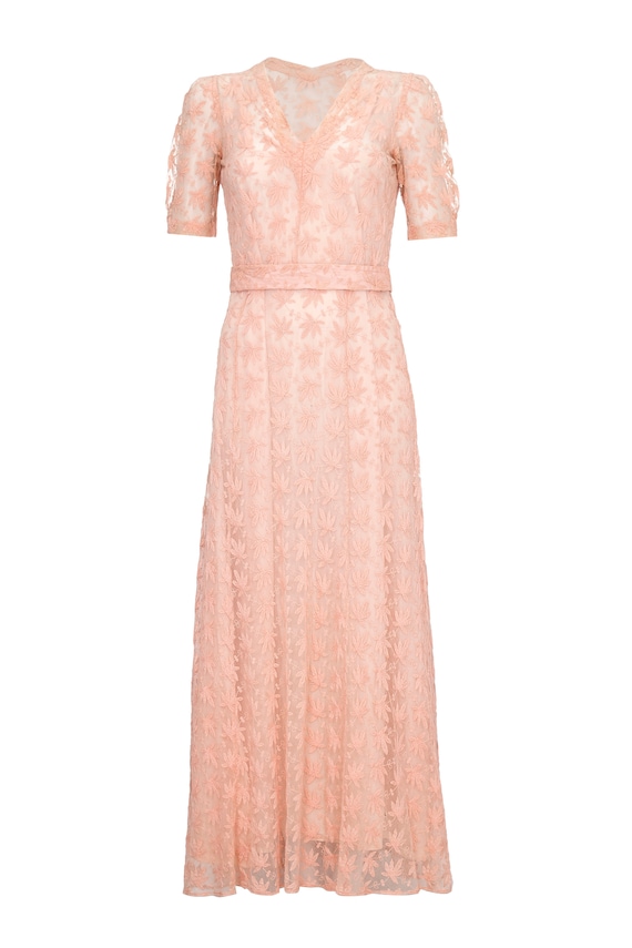 1930s Pale Pink Embroidered Lace Tea Gown Dress - image 1