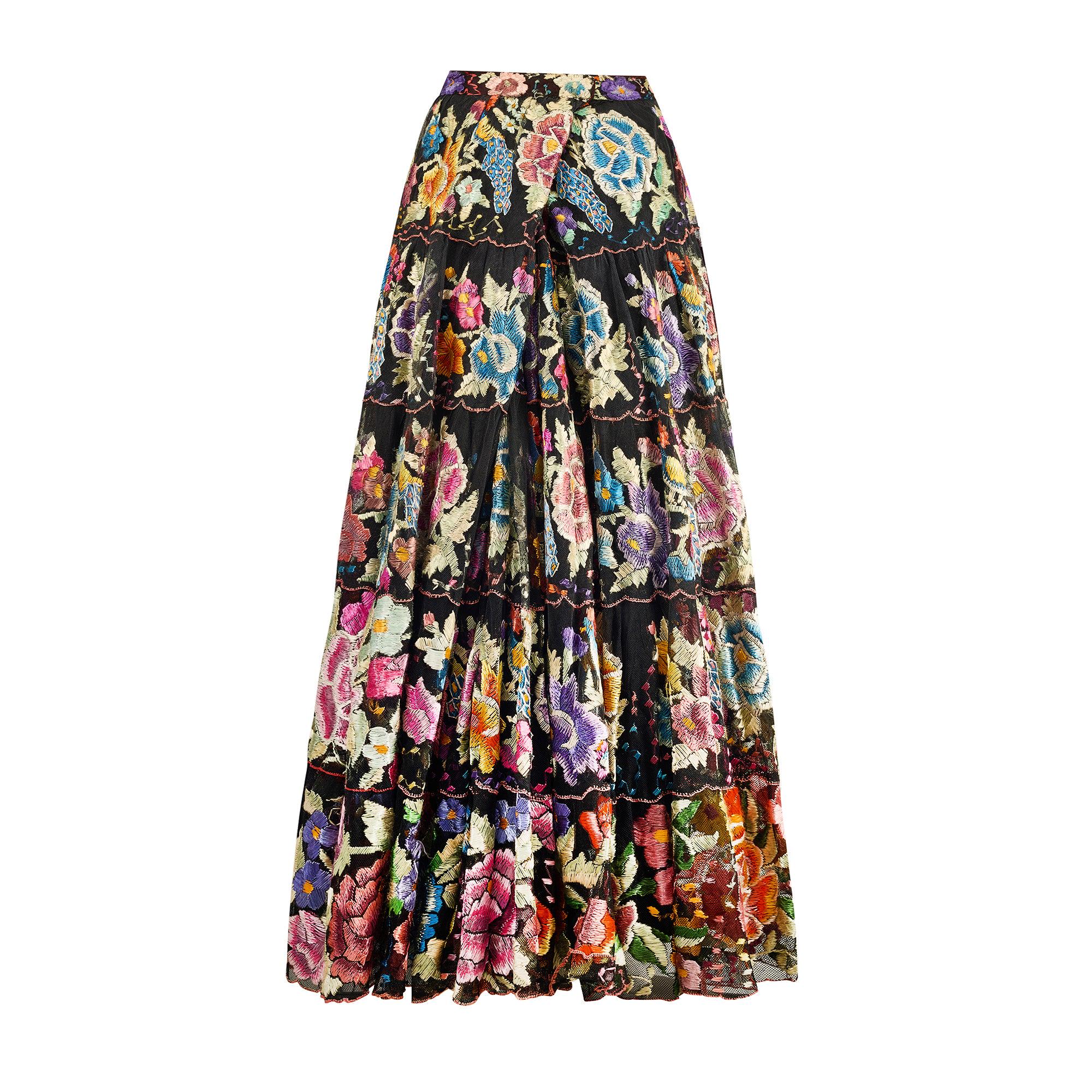 1940s Chiapas Black Net Maxi-skirt With Heavy Floral Embroidery