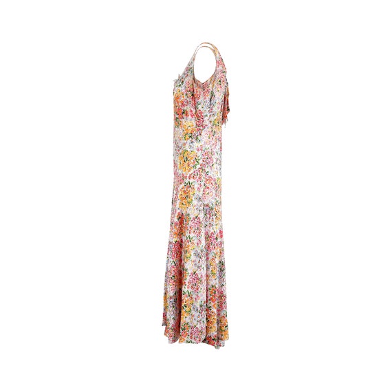 1930s Blue and Cream Bias Cut Silk Floral Print Dress