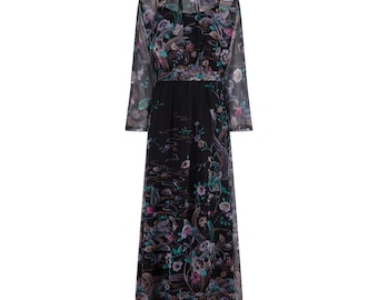 1980s Black Floral Georgette Maxi Dress with Belt