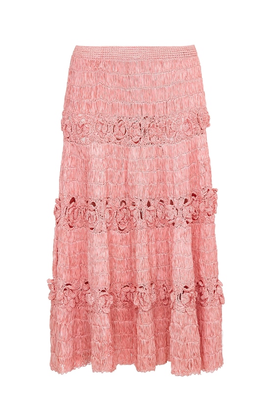 1950s Pink Woven Raffia Skirt With Crochet Detail