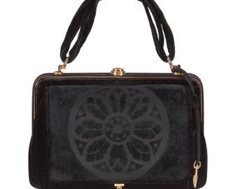 Bolso veneciano de cuero y terciopelo negro de los años 40