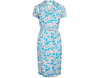 1950s Turquoise and Grey Mid-Century Print Shirtwaister Dress