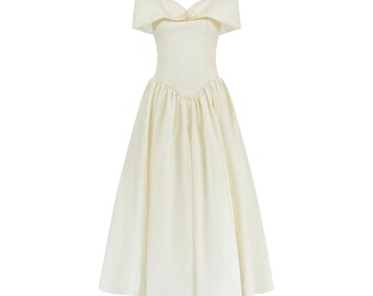 Jaren 90 Margaret Lee crèmekleurige zijden off-shoulder trouwjurk met strik