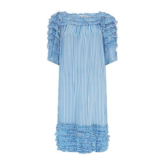Guy Laroche, 1980s Guy Laroche Blue and White Striped Silk Chiffon Dress