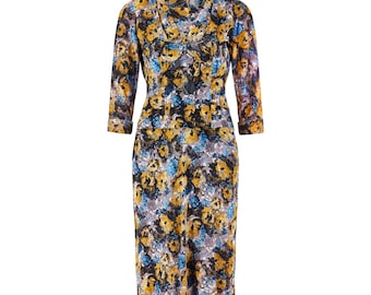 1950s Black Yellow and Blue Floral Jersey Dress Suit
