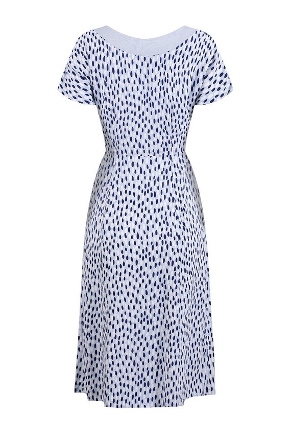 1940s Pale Blue Rayon Dress With Navy And White P… - image 3