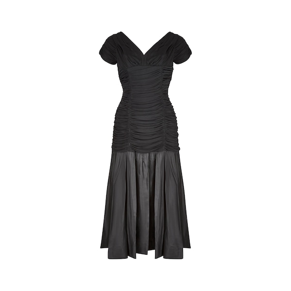 1950s Ceil Chapman Black Taffeta and Ruched Silk Jersey Dress