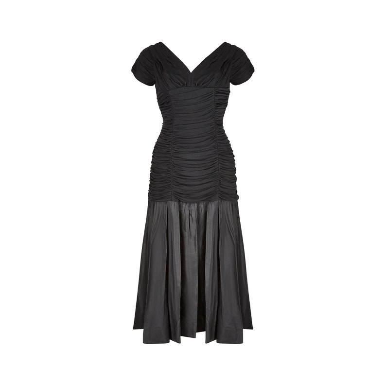 1950s Ceil Chapman Black Taffeta and Ruched Silk Jersey Dress image 1