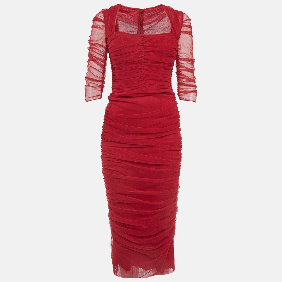 Dolce & Gabbana Ruched Tulle Midi Dress in Red