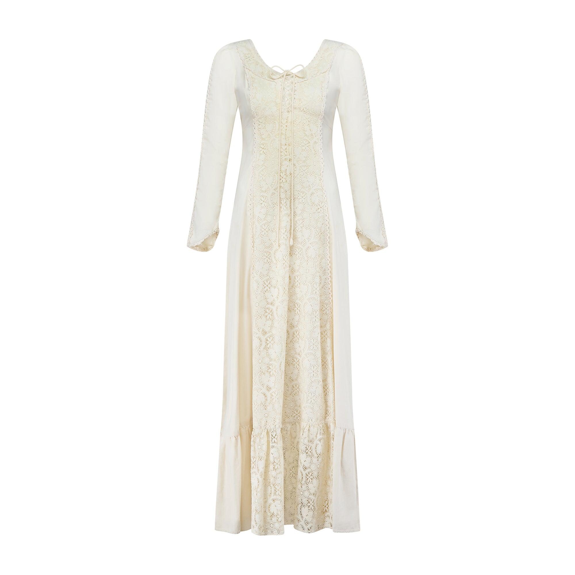 1960s Gunne Sax Black Label Linen and Crochet Laced Bodice Dress