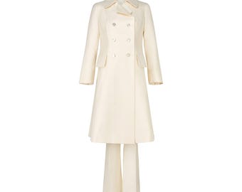 Crème jumpsuit uit de jaren 70 met gehaakt taillepaneel en mantelpakje