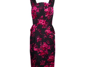 Sukienka Norman Hartnell Couture z czarnego jedwabiu i różowego kwiatowego nadruku z lat 50. XX wieku