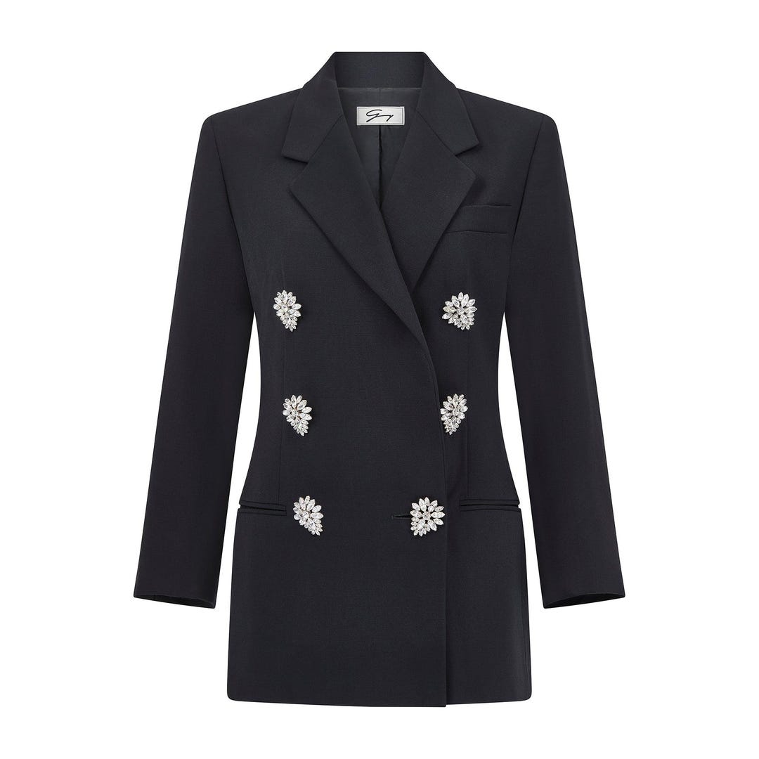1990s Gianni Versace for Genny Black Jacket With Oversized Crystal