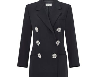1990s Gianni Versace for Genny Black Jacket With Oversized Crystal