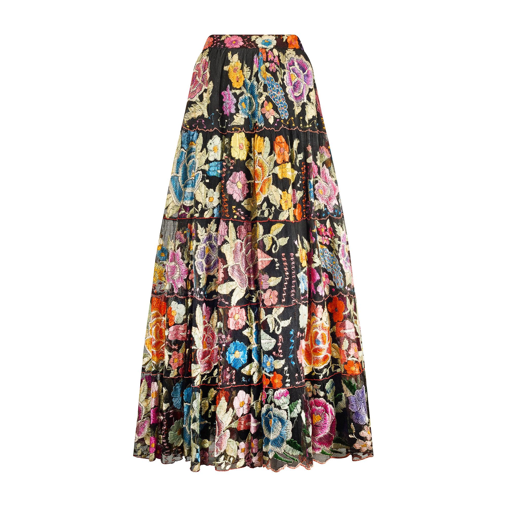 1940s Chiapas Black Net Maxi-skirt With Heavy Floral Embroidery - Etsy
