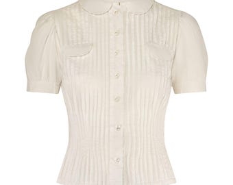 1930s White Cotton Pin Tuck Blouse with Peter Pan Collar