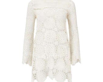 1970s White Lace Doily Crochet Dress