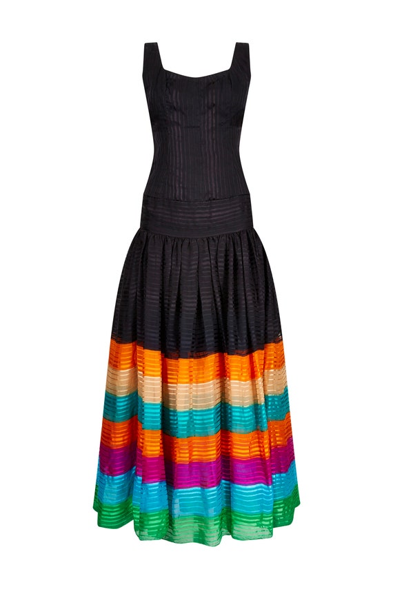 1970s Rainbow Silk Chiffon Tiered Haute Couture Ma
