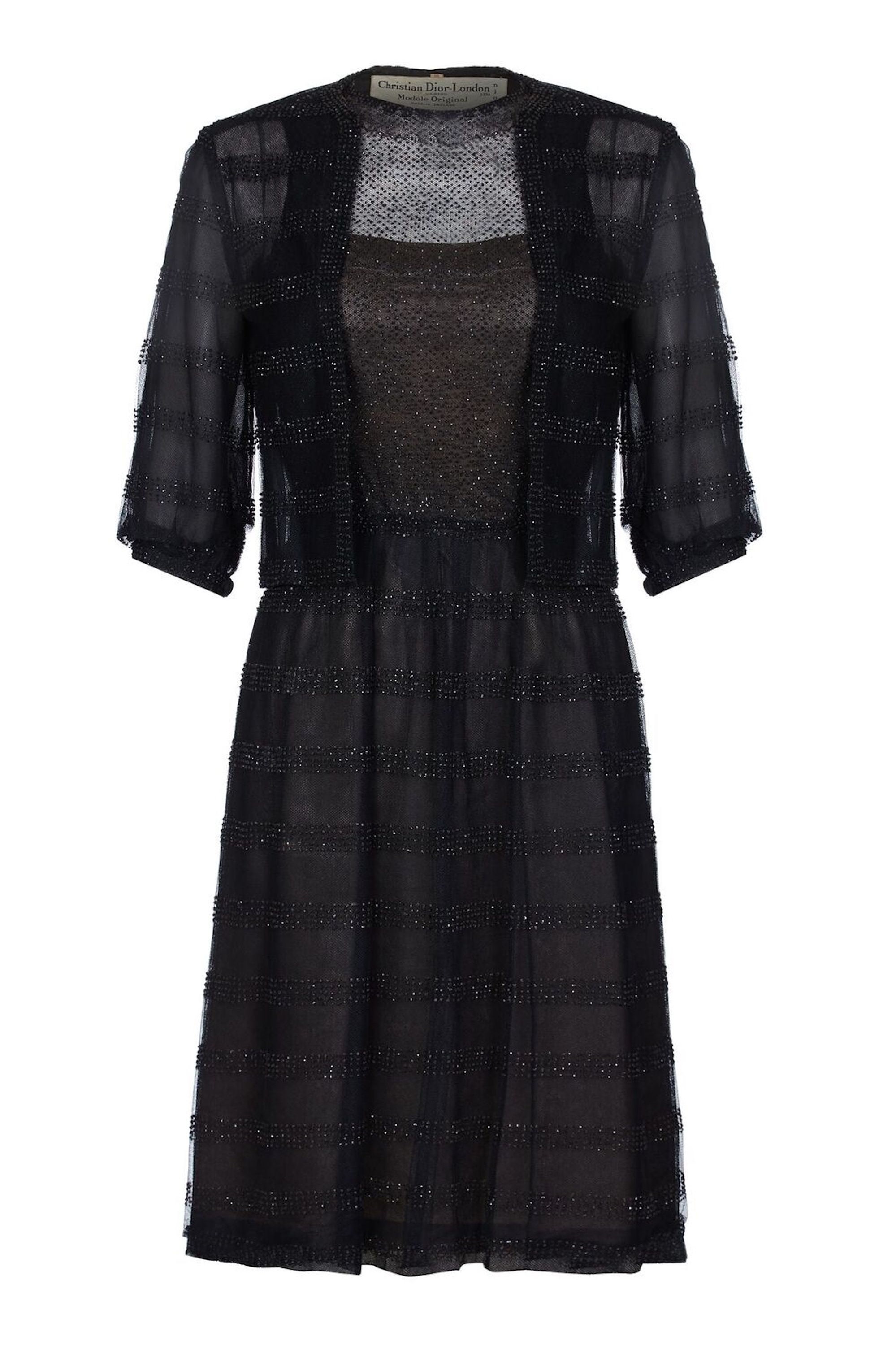 Image of S Christian Dior Demi Couture Beaded Black Mesh Dress & Jacket Uk Size -