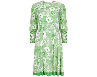 1970s French Haute Couture Green and White Floral Dress