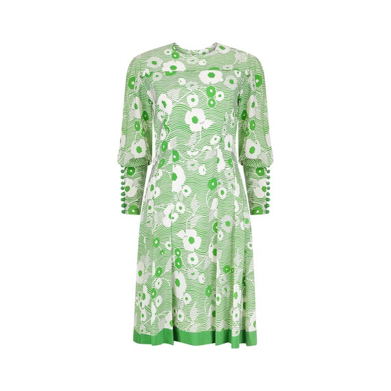 1970s French Haute Couture Green and White Floral Dress 1970s French Haute Couture Green and White Floral Dress